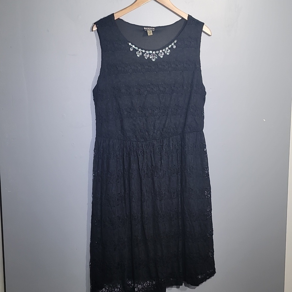 HAANI Crochet Jewel Embellished Lace Black Skater Dress